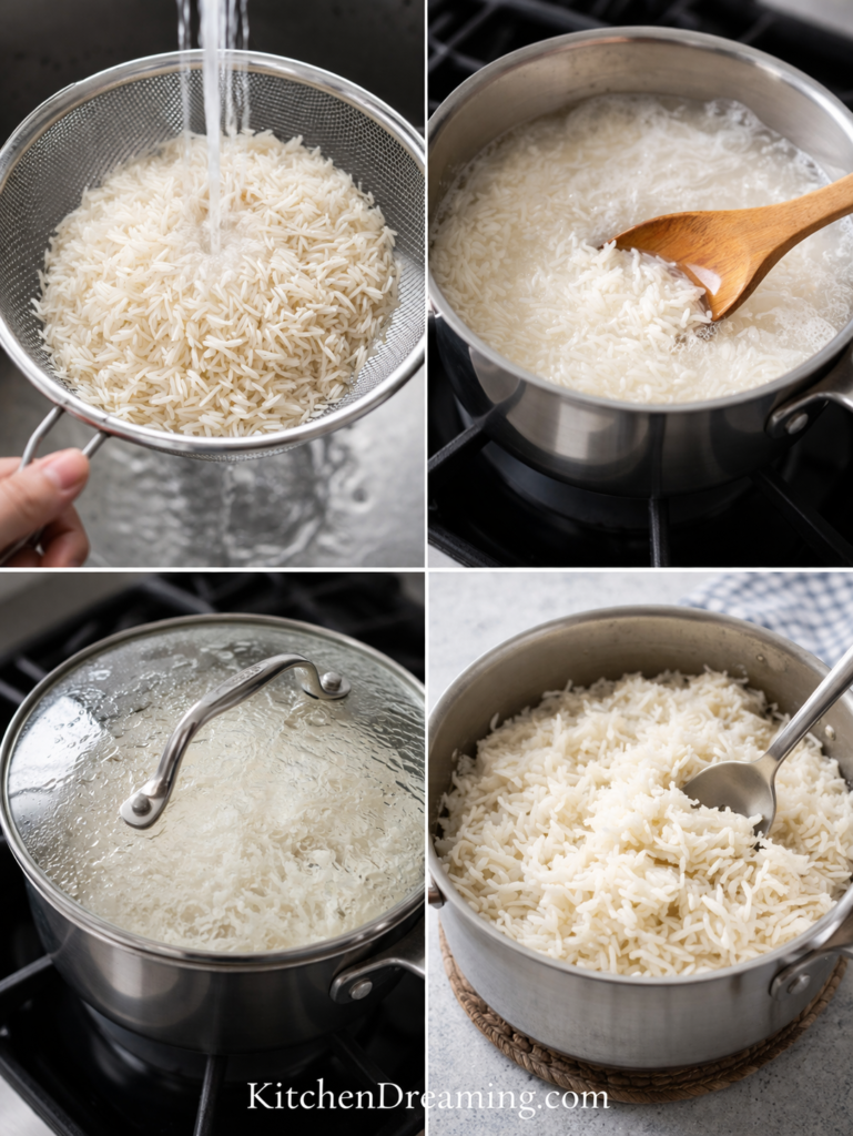 How to Cook Basmati Rice (Perfect Fluffy Basmati Rice) 3 how to cook basmati rice step by step collage