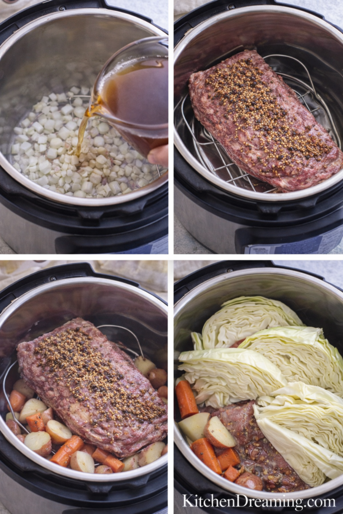 Instant Pot Corned Beef and Cabbage (Tender & Juicy) 3 Ingredients for instant pot corned beef and cabbage arranged overhead on countertop.