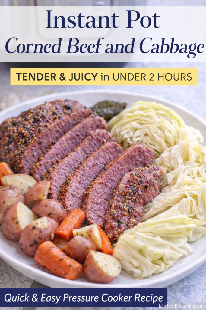 Instant Pot Corned Beef and Cabbage (Tender & Juicy) 9 Instant pot corned beef and cabbage plated with potatoes, carrots, and cabbage.