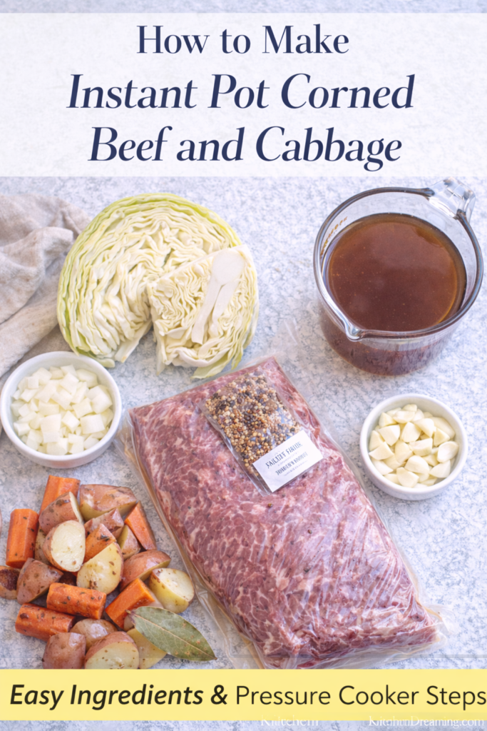 Instant Pot Corned Beef and Cabbage (Tender & Juicy) 10 Ingredients for instant pot corned beef and cabbage arranged in an overhead flat lay.