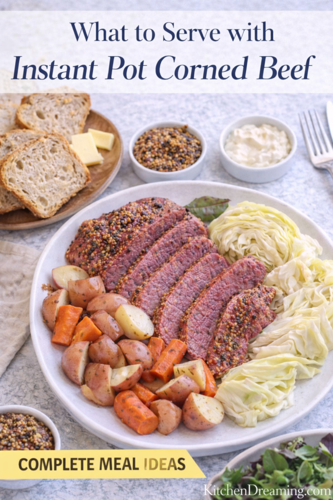 Instant Pot Corned Beef and Cabbage (Tender & Juicy) 12 Instant pot corned beef and cabbage served with bread, condiments, and salad.