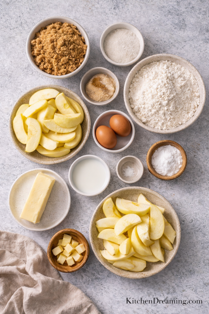 Irish Apple Cake Recipe with Crumble Topping (Traditional Family Favorite) 2 Ingredients for an irish apple cake recipe including sliced apples flour butter eggs sugar and cinnamon.