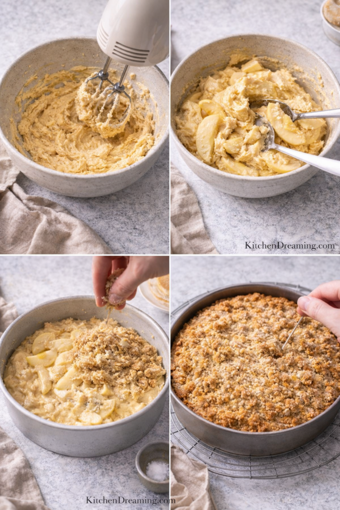 Irish Apple Cake Recipe with Crumble Topping (Traditional Family Favorite) 3 Step by step process for making an irish apple cake recipe with crumble topping.