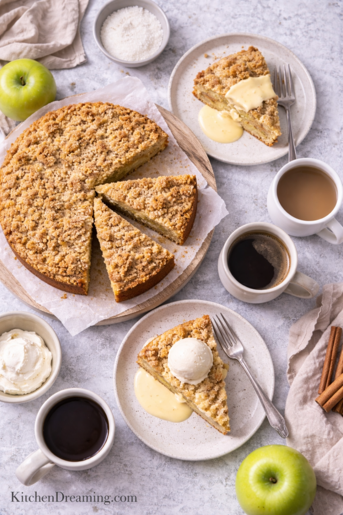 Irish Apple Cake Recipe with Crumble Topping (Traditional Family Favorite) 4 Irish apple cake recipe served with custard vanilla ice cream and coffee.