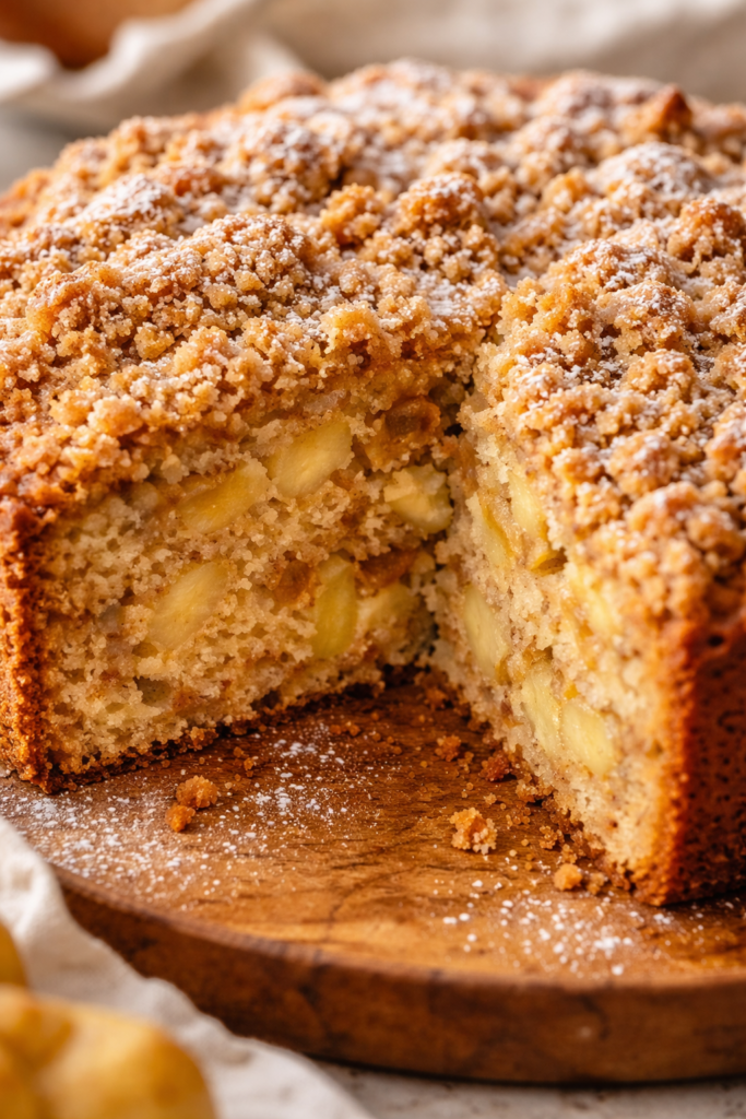 Irish Apple Cake Recipe with Crumble Topping (Traditional Family Favorite) 6 Overhead texture shot of an irish apple cake recipe with crumble topping.