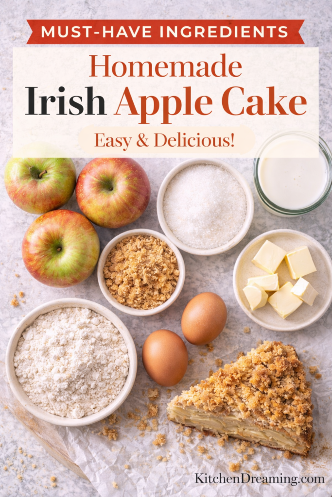 Irish Apple Cake Recipe with Crumble Topping (Traditional Family Favorite) 10 Ingredients for an irish apple cake recipe including apples flour butter eggs sugar and cinnamon.