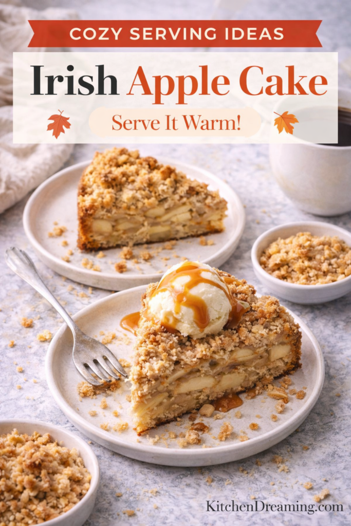 Irish Apple Cake Recipe with Crumble Topping (Traditional Family Favorite) 12 Irish apple cake recipe served warm with vanilla ice cream and caramel drizzle.