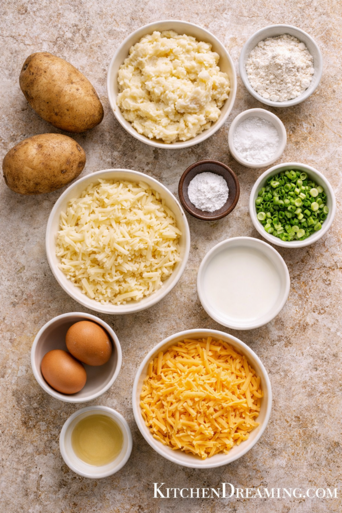 Irish Boxty Recipe – Traditional Irish Potato Pancakes 2 Irish boxty recipe ingredients overhead: grated potatoes, mashed potatoes, flour, cheddar, scallions, eggs, milk, salt, and baking powder.