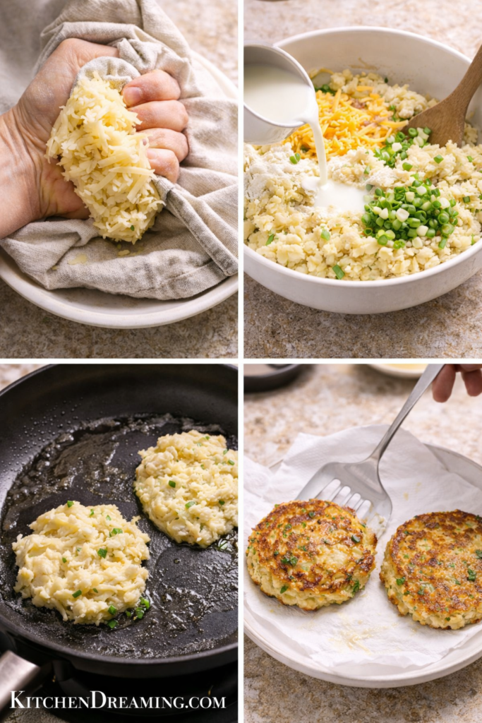 Irish Boxty Recipe – Traditional Irish Potato Pancakes 3 Irish boxty recipe steps collage: squeezing potatoes, mixing batter, frying in a skillet, and serving boxty hot.