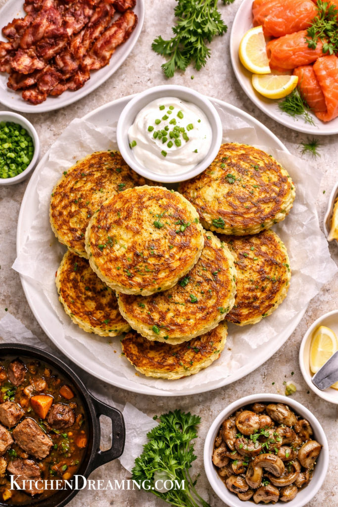 Irish Boxty Recipe – Traditional Irish Potato Pancakes 4 Irish boxty recipe serving suggestions overhead: boxty with sour cream, bacon, smoked salmon, mushrooms, and stew.