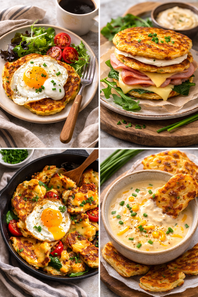 Irish Boxty Recipe – Traditional Irish Potato Pancakes 5 Irish boxty recipe leftovers collage: boxty with egg, boxty sandwich, skillet hash, and boxty dipp