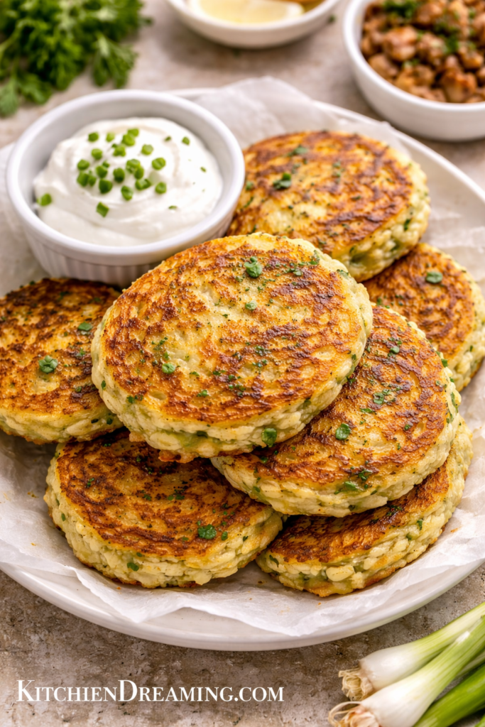 Irish Boxty Recipe – Traditional Irish Potato Pancakes 6 Irish boxty recipe overhead texture shot: crispy golden potato pancakes with visible potato texture and garnish.
