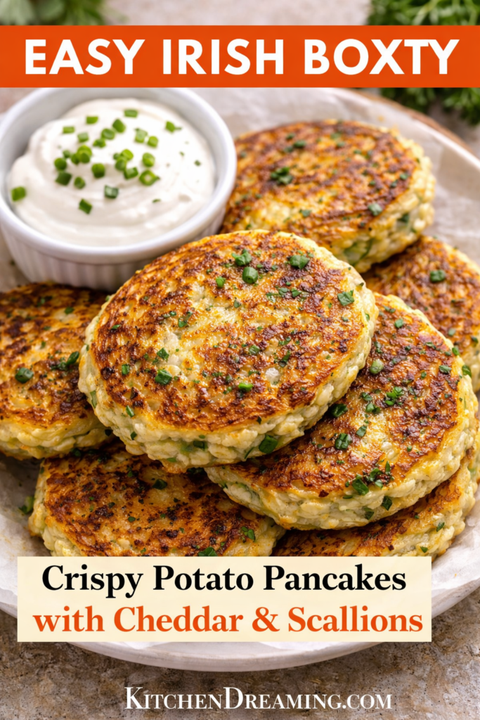 Irish Boxty Recipe – Traditional Irish Potato Pancakes 9 Irish boxty recipe pin image: crispy potato pancakes with cheddar and scallions, served with sour cream.