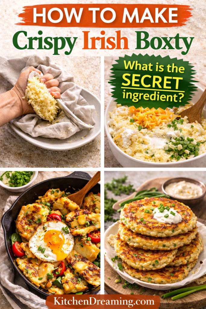 Irish Boxty Recipe – Traditional Irish Potato Pancakes 11 Irish boxty recipe curiosity pin: step collage showing squeezing potatoes, mixing, frying, and serving boxty.