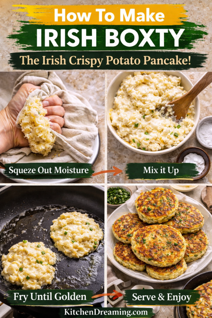Irish Boxty Recipe – Traditional Irish Potato Pancakes 12 Irish boxty recipe problem-solver pin: how to squeeze potatoes, mix batter, fry until golden, and serve.