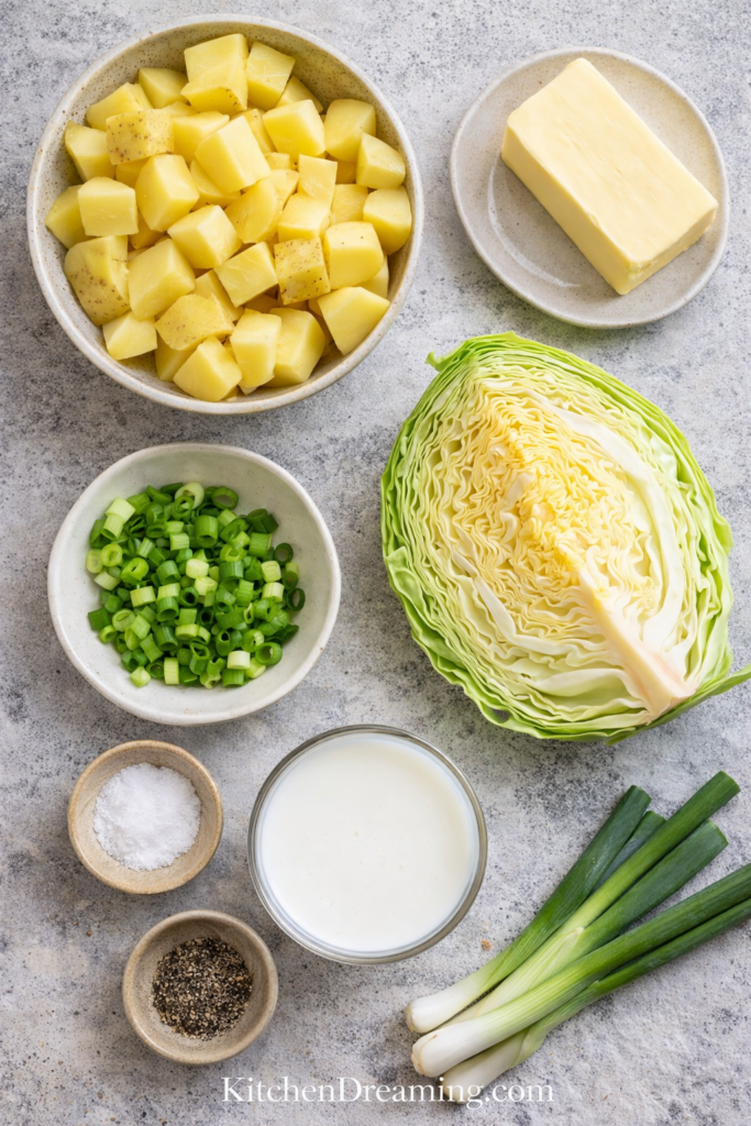 Traditional Irish Colcannon Recipe with Cabbage and Yukon Gold Potatoes 2 Traditional Irish colcannon recipe ingredients including Yukon Gold potatoes, cabbage, butter, milk, and scallions.