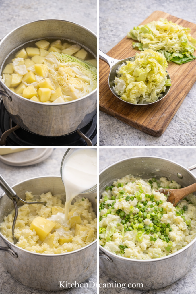 Traditional Irish Colcannon Recipe with Cabbage and Yukon Gold Potatoes 3 Traditional Irish colcannon recipe steps showing boiling, mashing, and mixing cabbage into potatoes.