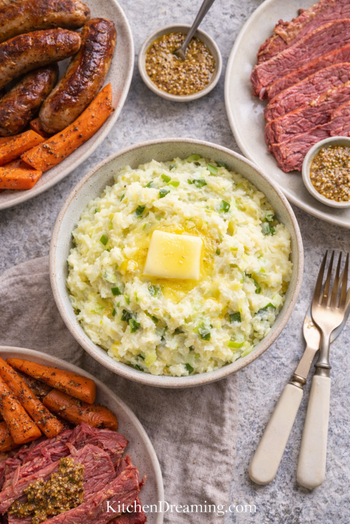 Traditional Irish Colcannon Recipe with Cabbage and Yukon Gold Potatoes 4 Traditional Irish colcannon recipe served with corned beef, sausages, and roasted vegetables.