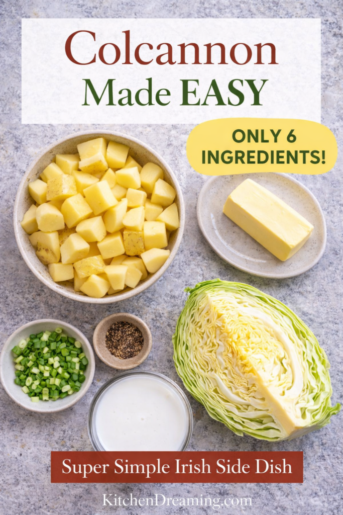 Traditional Irish Colcannon Recipe with Cabbage and Yukon Gold Potatoes 10 Traditional Irish colcannon recipe ingredients shown overhead with potatoes, cabbage, butter, milk, scallions, salt, and pepper.