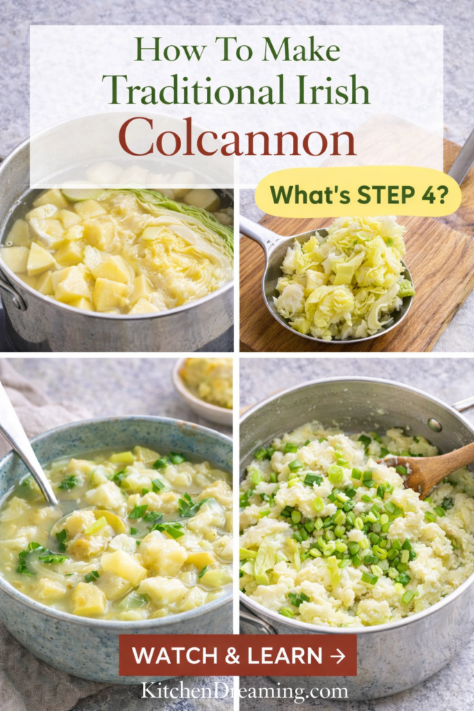Traditional Irish Colcannon Recipe with Cabbage and Yukon Gold Potatoes 11 Traditional Irish colcannon recipe steps in a collage showing boiling, mashing, and mixing potatoes with cabbage.