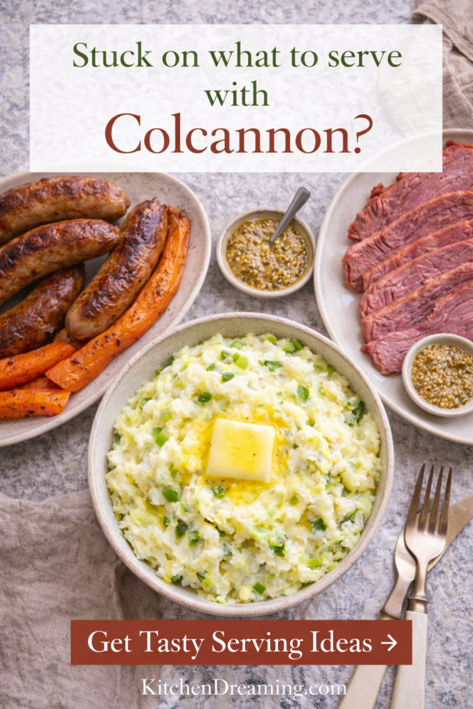 Traditional Irish Colcannon Recipe with Cabbage and Yukon Gold Potatoes 12 Traditional Irish colcannon recipe served with corned beef, sausages, mustard, and roasted vegetables.