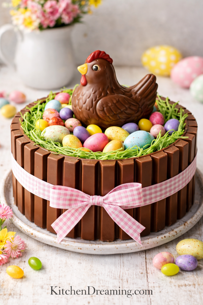Easter Kit Kat cake with chocolate chicken candy eggs and pink ribbon basket design.