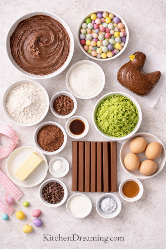 Easy Kit Kat Cake Recipe (Stunning Easter Basket Cake with Candy Eggs) 2 ingredients for kit kat cake recipe including chocolate cake frosting kit kat bars and candy eggs.