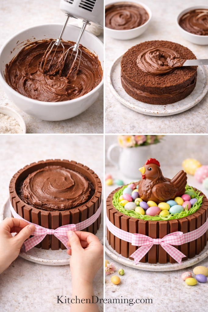 Easy Kit Kat Cake Recipe (Stunning Easter Basket Cake with Candy Eggs) 3 how to make a kit kat cake step by step frosting layers adding kit kat bars and decorating.