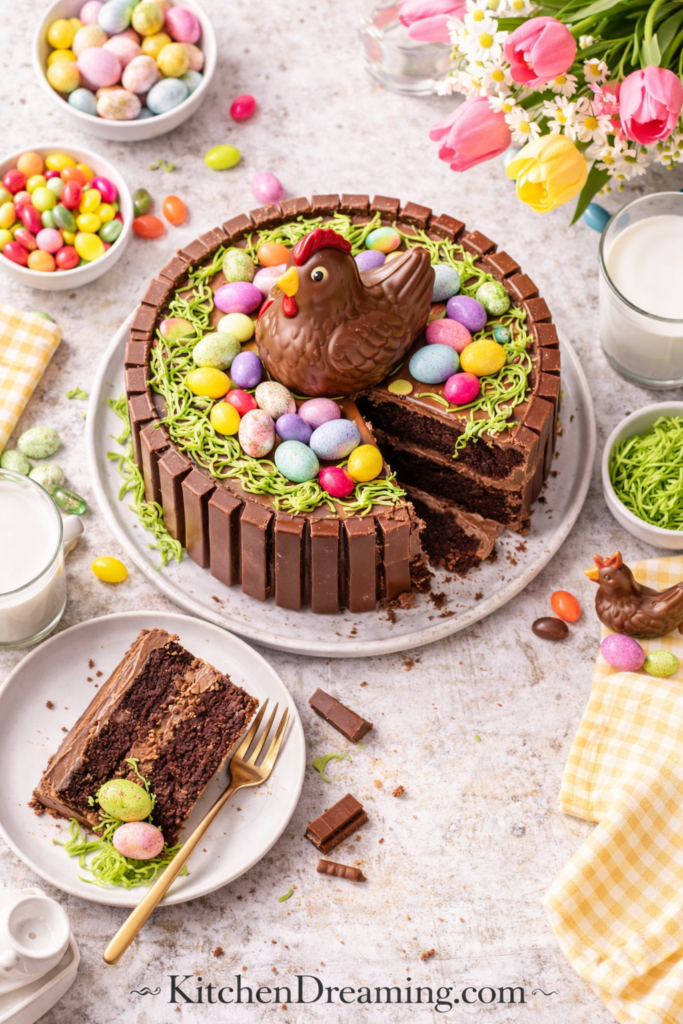 Easy Kit Kat Cake Recipe (Stunning Easter Basket Cake with Candy Eggs) 4 slice of easter kit kat cake on plate with candy eggs and chocolate layers visible.