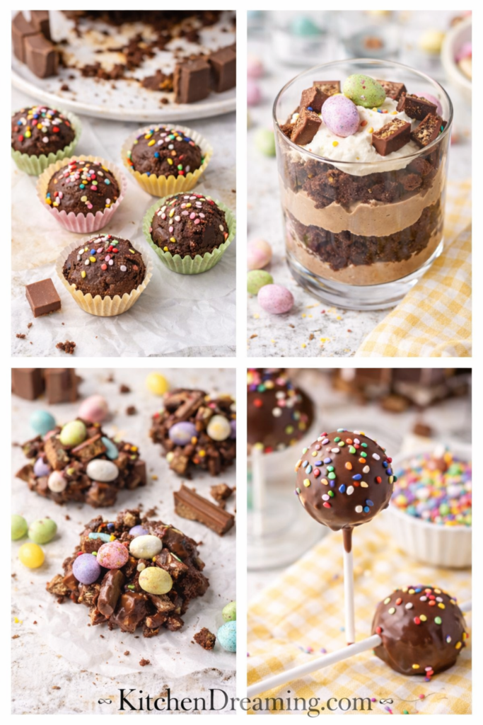 Easy Kit Kat Cake Recipe (Stunning Easter Basket Cake with Candy Eggs) 5 leftover kit kat cake turned into cake pops dessert cups and layered treats.