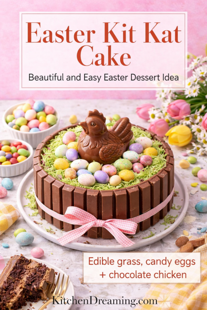 Easy Kit Kat Cake Recipe (Stunning Easter Basket Cake with Candy Eggs) 9 Easter Kit Kat cake with chocolate chicken candy eggs and basket design.
