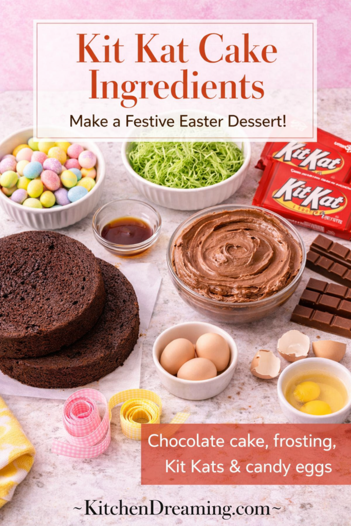 Easy Kit Kat Cake Recipe (Stunning Easter Basket Cake with Candy Eggs) 10 ingredients for kit kat cake recipe including chocolate cake frosting kit kat bars and candy eggs.
