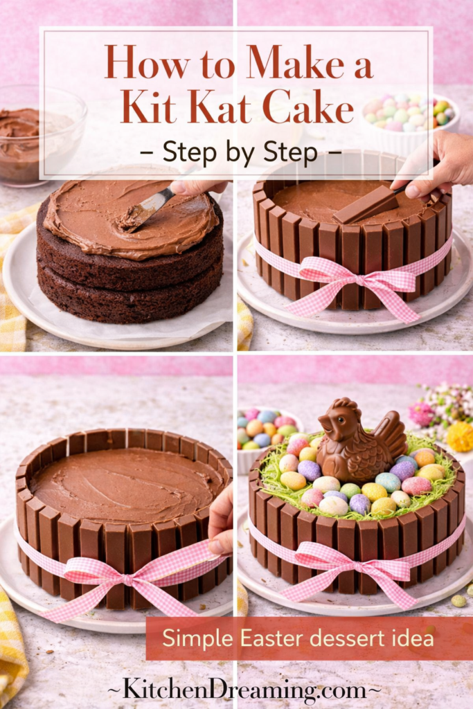 Easy Kit Kat Cake Recipe (Stunning Easter Basket Cake with Candy Eggs) 11 how to make a kit kat cake step by step frosting cake and adding kit kat bars.
