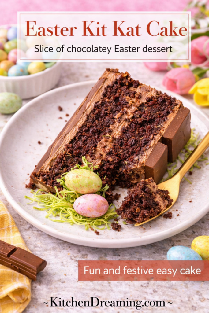 Easy Kit Kat Cake Recipe (Stunning Easter Basket Cake with Candy Eggs) 12 slice of kit kat cake showing chocolate layers frosting and candy eggs on plate.
