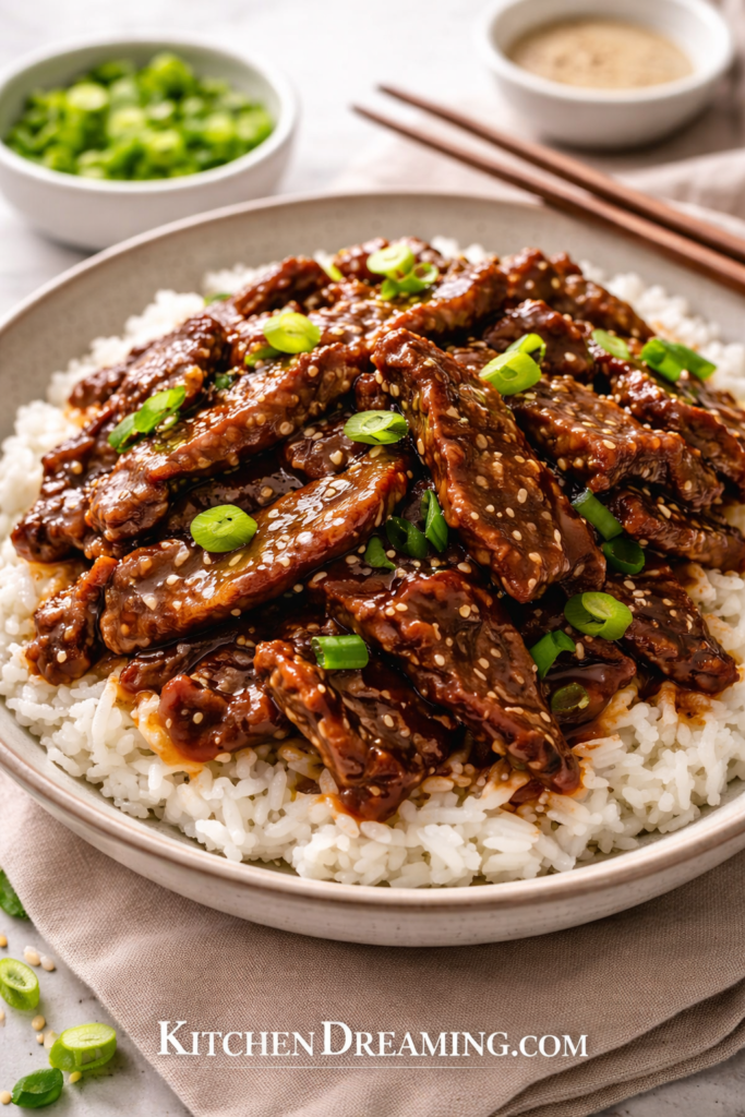 Mongolian beef with homemade teriyaki sauce served over white rice in a bowl.