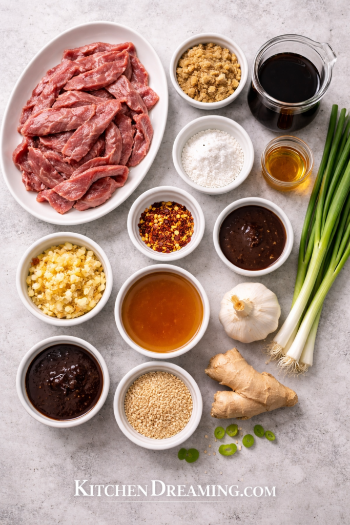 Mongolian Beef with Homemade Teriyaki Sauce (Easy Better Than Takeout) 2 ingredients for mongolian beef with homemade teriyaki sauce arranged overhead.