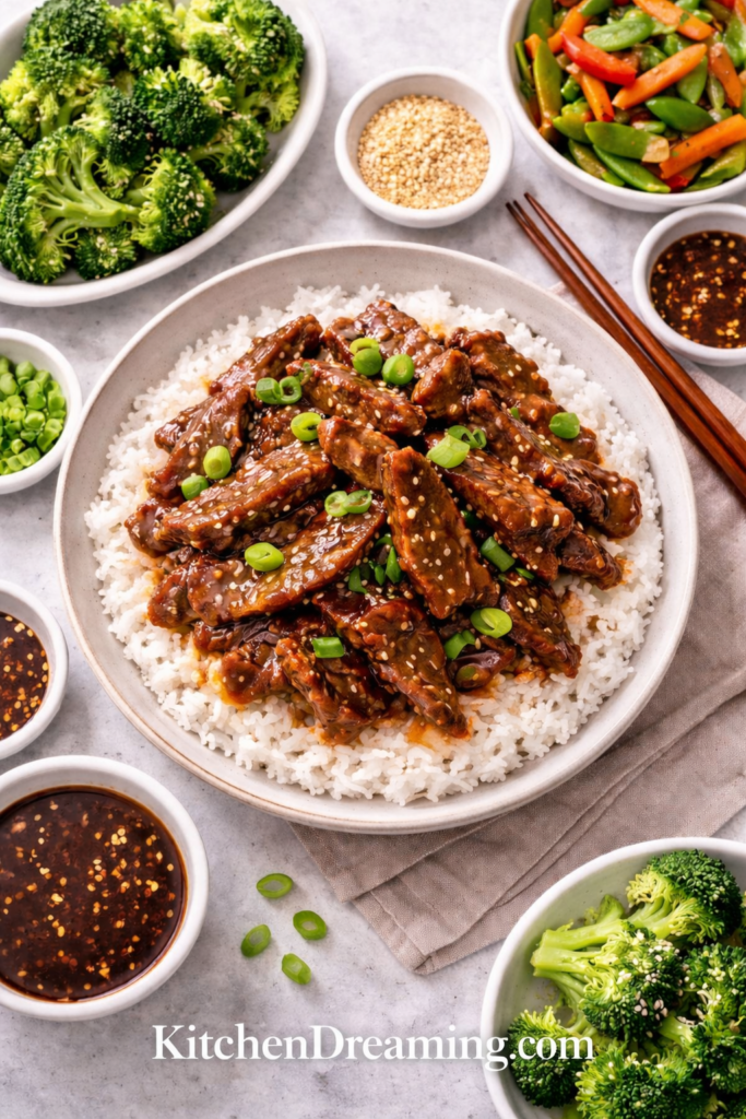 Mongolian Beef with Homemade Teriyaki Sauce (Easy Better Than Takeout) 4 Mongolian beef with homemade teriyaki sauce served with rice and vegetables.