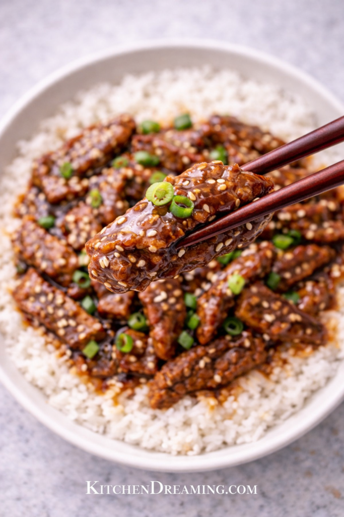 Mongolian Beef with Homemade Teriyaki Sauce (Easy Better Than Takeout) 6 overhead view of mongolian beef with homemade teriyaki sauce and sides.