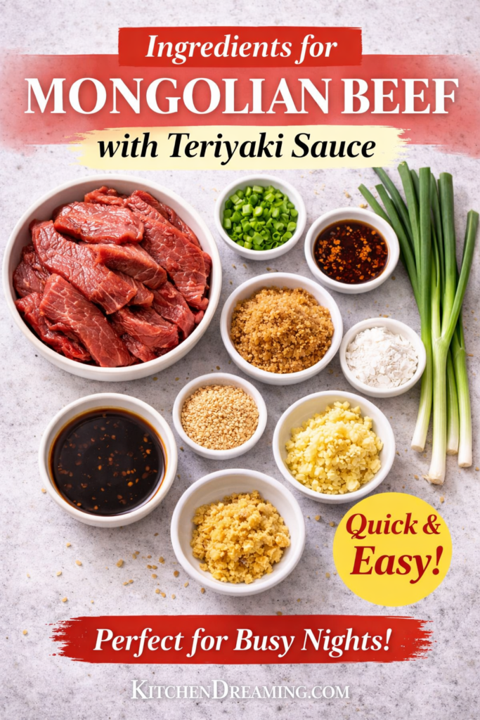 Mongolian Beef with Homemade Teriyaki Sauce (Easy Better Than Takeout) 10 ingredients for mongolian beef with homemade teriyaki sauce arranged overhead.