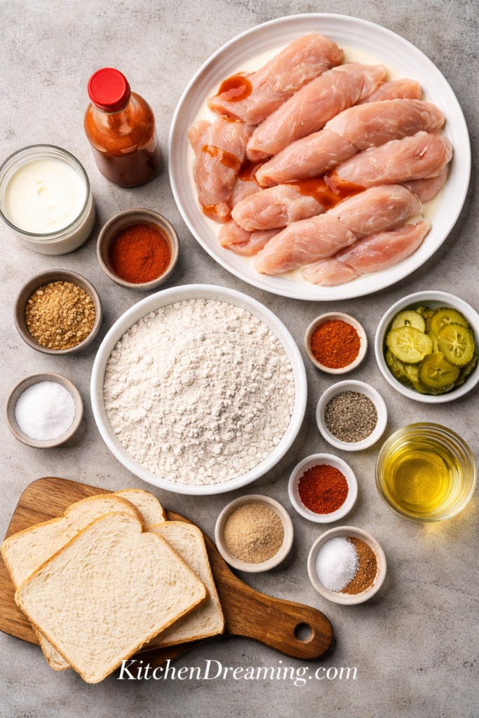 Nashville Hot Chicken Tenders Recipe (Crispy, Spicy & Better Than Takeout) 2 Nashville hot chicken tenders ingredients flat lay with chicken buttermilk flour spices and pickles.