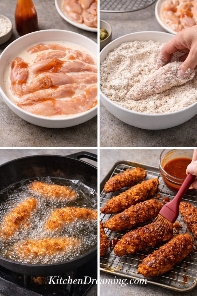 Nashville Hot Chicken Tenders Recipe (Crispy, Spicy & Better Than Takeout) 3 Nashville hot chicken tenders step by step process marinating dredging frying and glazing.