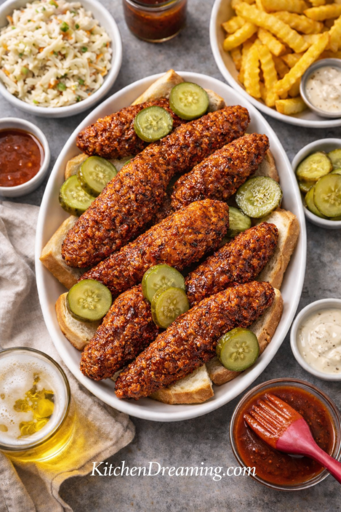 Nashville Hot Chicken Tenders Recipe (Crispy, Spicy & Better Than Takeout) 4 Nashville hot chicken tenders plated with fries coleslaw pickles and dipping sauces.