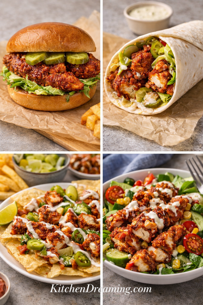 Nashville Hot Chicken Tenders Recipe (Crispy, Spicy & Better Than Takeout) 5 Nashville hot chicken tenders leftovers made into sandwich wrap nachos and salad.