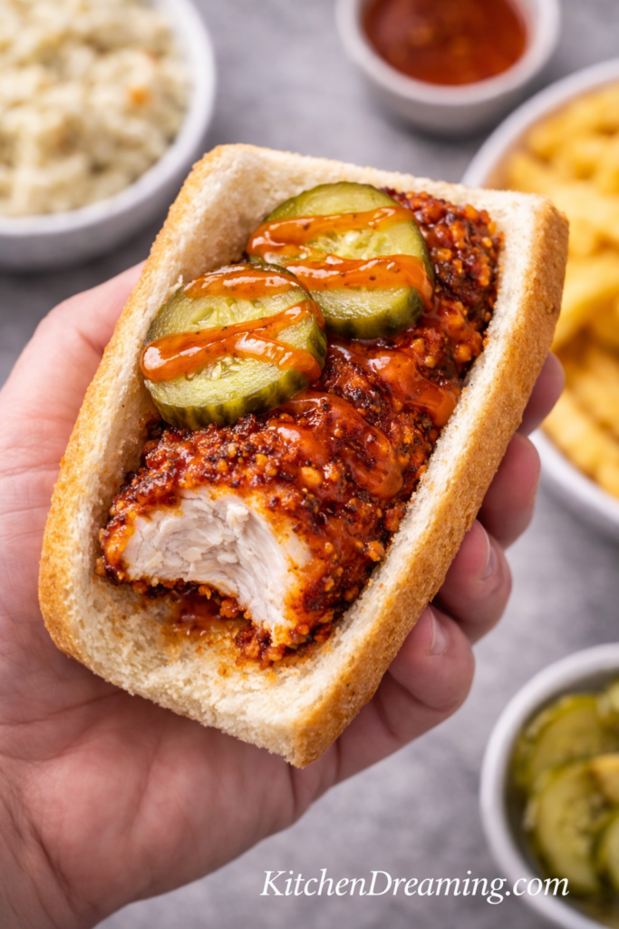 Nashville Hot Chicken Tenders Recipe (Crispy, Spicy & Better Than Takeout) 6 Nashville hot chicken tenders sandwich with bite showing juicy chicken and pickles.