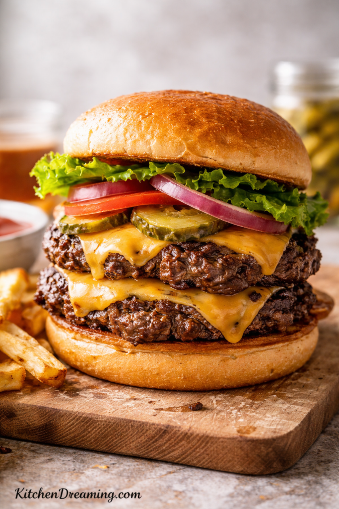 Smashburgers recipe hero image with a double burger, melted cheese, crispy thin patties, lettuce, tomato, pickles, and fries.