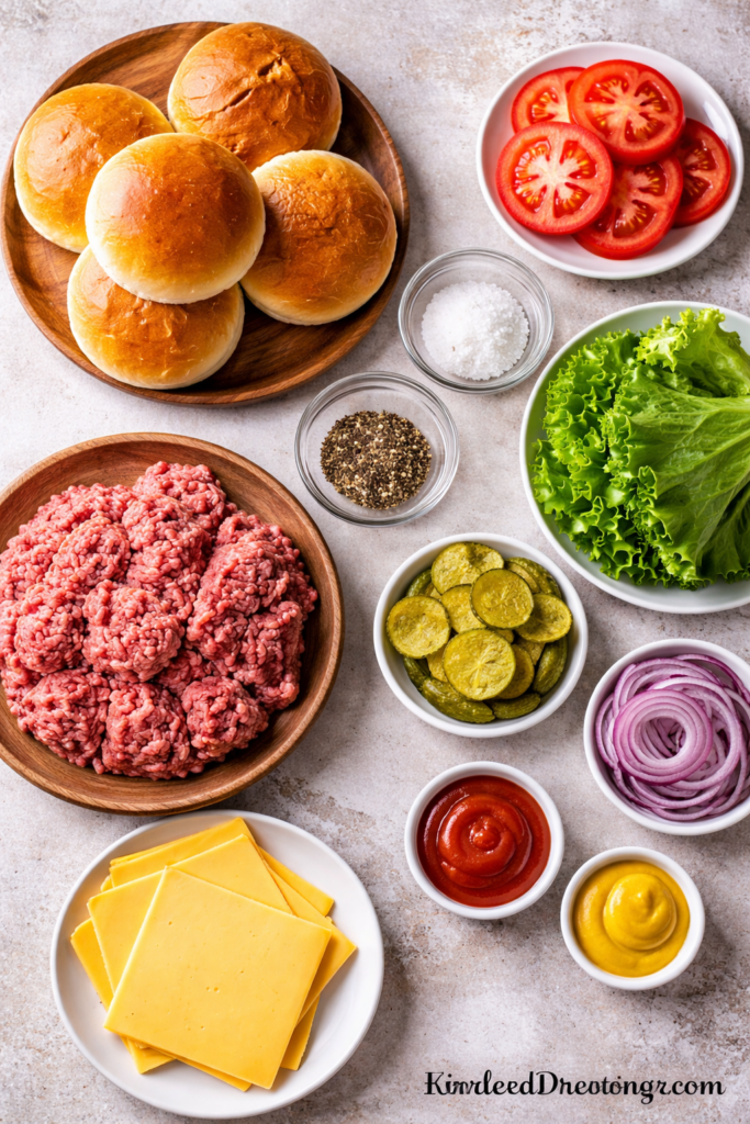 Smashburgers Recipe with Crispy Edges (Blackstone or Skillet) 2 Smashburgers recipe ingredient flat lay with ground beef, buns, cheese, lettuce, tomato, onion, pickles, ketchup, and mustard.