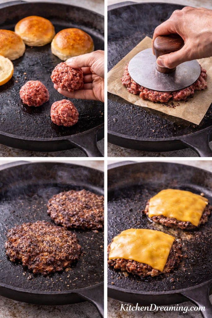Smashburgers Recipe with Crispy Edges (Blackstone or Skillet) 3 Smashburgers recipe step collage showing beef balls, smashed patties, crispy searing, and melted cheese on the burgers.