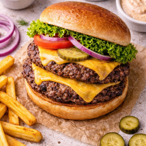 Smashburgers recipe hero image with a double burger, melted cheese, crispy thin patties, lettuce, tomato, pickles, and fries.