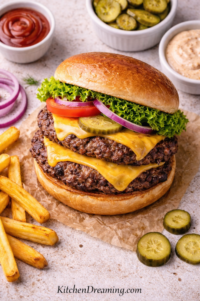 Smashburgers Recipe with Crispy Edges (Blackstone or Skillet) 6 Smashburgers recipe overhead texture shot with thin burger patties, melted cheese, pickles, lettuce, tomato, and fries.