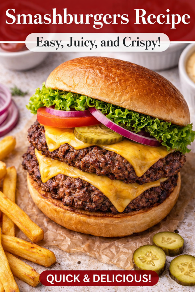 Smashburgers Recipe with Crispy Edges (Blackstone or Skillet) 9 Smashburgers recipe with crispy thin beef patties, melted cheese, lettuce, tomato, onion, and toasted burger bun.